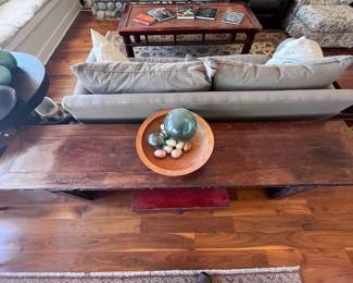 linen sofa, wooden bowl, asian sofa table