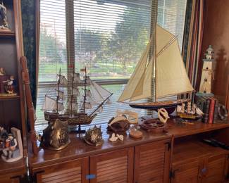 Nautical inspired decor on an Ethan Allen sectional bookcase