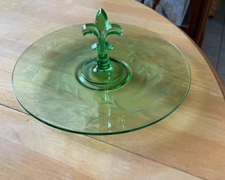 Vintage Fenton etched glass tidbit tray with Fleur de Lis handle