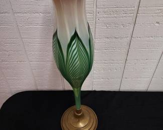 Antique Tiffany or Quezal pulled feather vase with bronze base. unmarked