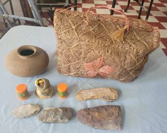 Native american olla, skookum doll, palm or coconut fiber handbag, old flint rocks 1 a tomahawk maybe
