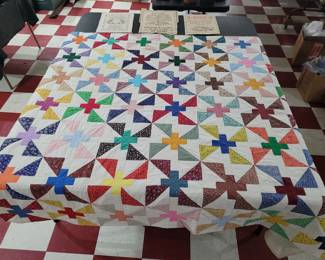 beautiful old puzzle quilt and 3 old embroidered samplers
