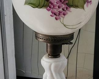 Milk glass gone with the wind lamp gww with purple flowers works 2 tier