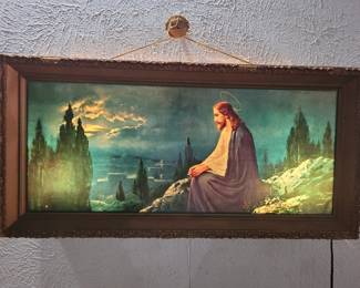 lighted sign picture of Jesus overlooking jerusalem