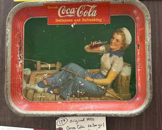 original 1940 ww2 era Coca Cola tray / sign with sailor girl fishing