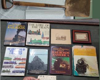 old Southern Pacific railroad shovel 6 hardback books, Railway Express Agency original shipping ticket to a mining company