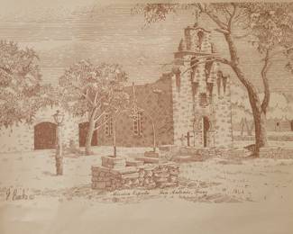 5 F Baecke art prints of spanish missions in Texas including 1 of the Alamo