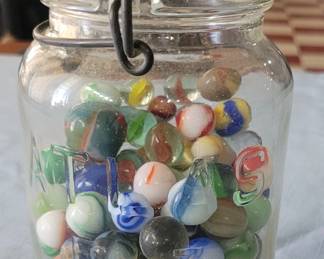 hazel atlas fruit jar full of old marbles
