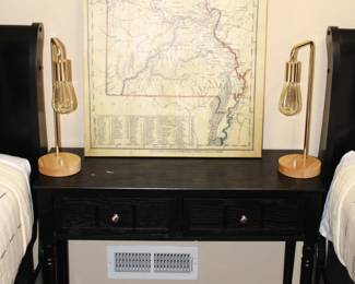 Black two drawer console.                                                               35 1/2" W x 13 1/2" D x 29" H.     BUY IT NOW!  $75.00.  Pair of desk lamps. BUY IT NOW!  $50.00                       Missouri map. BUY IT NOW!  $25.00