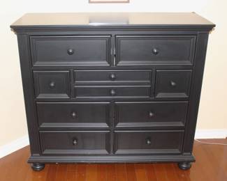 Large, black painted chest of drawers. Top right corner damage.  50" W x 18" D x 45" H.    BUY IT NOW! $95.00.                                              