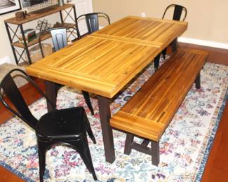 Dining table, Four black metal industrial  chairs and wood top bench.  Table dimensions: 69" L x 32 1/2" W x 29 1/4" H. Bench: 62 1/2" L x 15" W x 18" H.                     BUY IT NOW!  $325.00.     