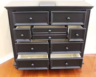 Large, black painted chest of drawers. Top right corner damage.  50" W x 18" D x 45" H.    BUY IT NOW! $95.00. 