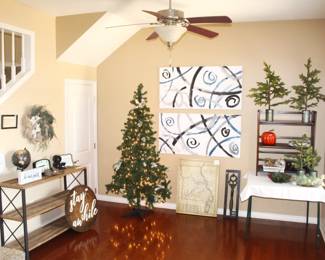 Christmas and home decor. Shelving units not for sale.