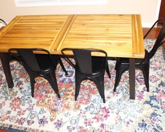 Dining table, Four black metal industrial  chairs and wood top bench.  Table dimensions: 69" L x 32 1/2" W x 29 1/4" H. Bench: 62 1/2" L x 15" W x 18" H.                     BUY IT NOW!  $325.00.     