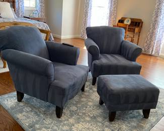 Pair Blue ultra suede chairs plus ottoman, $300