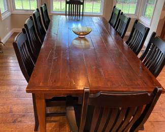 Custom Made Reclaimed Barn wood table with side drawers 9’ W x 46” D x 30.25” H $1600, Set of 10 Custom Chairs (8 armless and 2 arms) $1200
