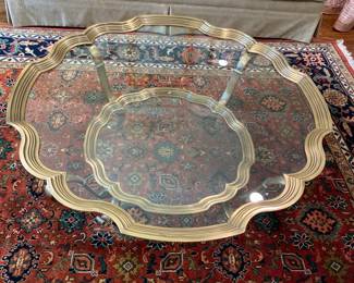 Vintage Scalloped Brass and Glass Sofa Table 43" dia x 17" H $750