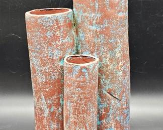 Signed Studio Art Pottery 13in, 3-Cylinder Vase