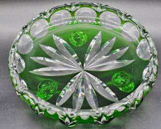 Bohemian Glass Green Cut to Clear Footed Bowl