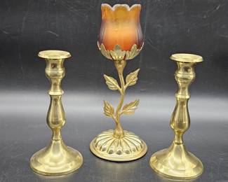 (3) Brass: 2- Candlesticks & Stand w/ Flower Shade