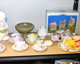 Easter Rabbit Cookie Jar. Tea Cups, Miniature Pitcher & Wash Basin by Red Cliff. 