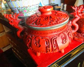 Chinese Cinnabar Carved Dragon Pot. scarce