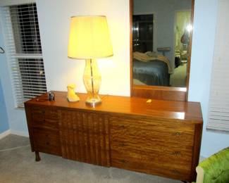 John Widdicomb Mid Century  Modern Walnut & Bronze Hardware  Dresser  with Mirror. Rare. Two bed side end tables come with it.