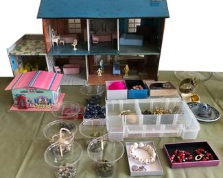Toys, tin doll house and costume jewelry! Fun!