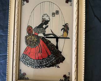 Vintage Reverse Painting of Silhouette Lady at Writing