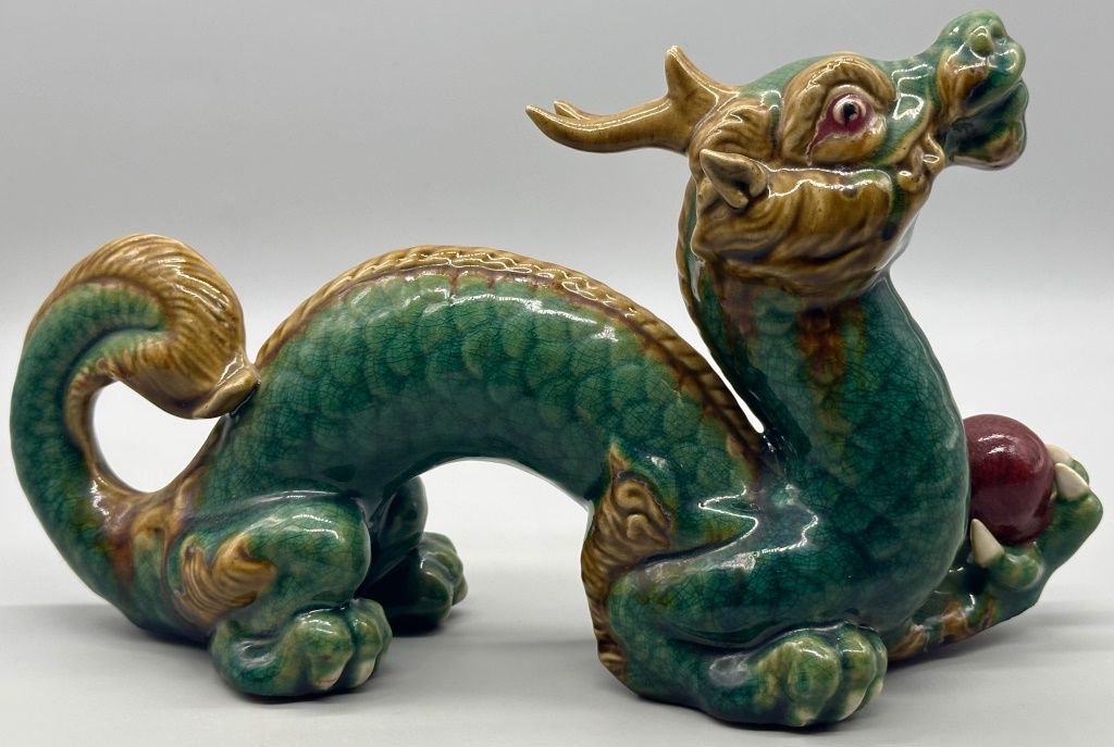 hinese Large Scale Green w/ Gold Cloisonné Dragon