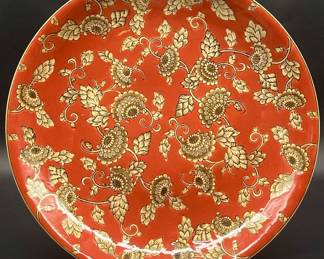 Asian Gold Fan & Floral Scroll on Red 16in Platter