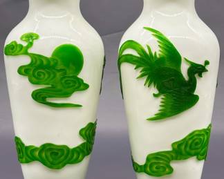 Pair of Chinese Peking Green & White Glass Vases