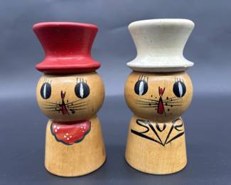 Vintage Wooden Cat Salt & Pepper Shakers, Japan