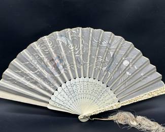 Chinese Silk Embroidered Hand Fan w/ Carved Bone Handle