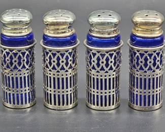 Silver Tone & Cobalt Blue Salt & Pepper Shakers
