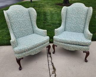 LOT 2 - Upholstered wingback chairs possibly Ethan Allen but have been reupholstered 