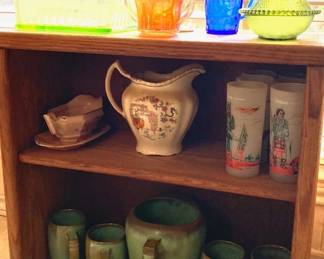 Old glass containers and antique bottles. SOLD: Oklahoma glasses and Frankoma pottery.