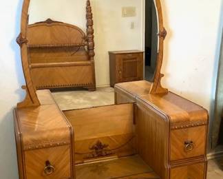 Waterfall bedroom set includes bed with headboard and footboard (and slats), dresser with mirror, highboy dresser, and matching chair. It was our grandmother's!