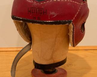 Vintage Hutch Leather Football Helmut and Display.
