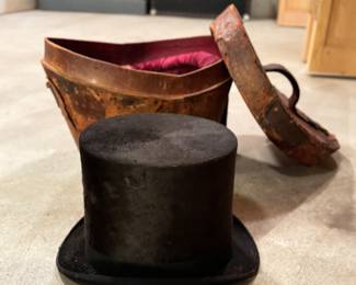 Antique Beaver Fur Top Hat In Custom Leather Case.
