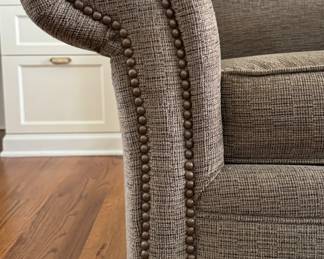 Pair of Plunkett Home Furnishings Tight Back Lounge Chairs with Nail Head Trim and Turned Wood Feet. Measures 40" W x 38" D x 38" H. Photo 4 of 5.