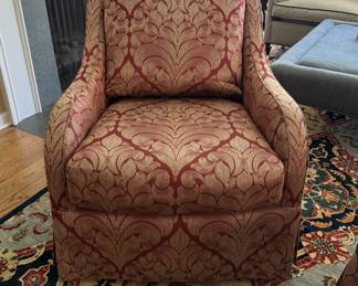 Pair of Damask Upholstered Swivel Chairs with Down Filled Cushions. Photo 1 of 3.