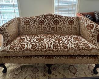 Velvet Damask Upholstered Chippendale-Style Down-Filled Sofa. Measures 76" W x 34" D. Photo 1 of 4.