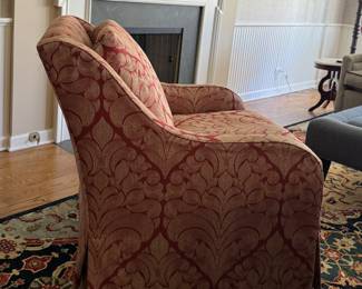 Pair of Damask Upholstered Swivel Chairs with Down Filled Cushions. Photo 2 of 3.