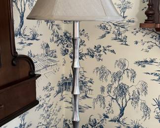 Pair of Metal Faux Bamboo Table Lamps with Silk Shades. Each Measures 30" H. Photo 1 of 2.