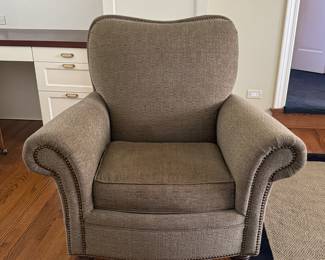 Pair of Plunkett Home Furnishings Tight Back Lounge Chairs with Nail Head Trim and Turned Wood Feet. Measures 40" W x 38" D x 38" H. Photo 1 of 5.