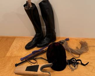 Equestrian Gear: Size 7.5 Leather Riding Boots, Size 6.5 Velvet Riding Helmet, Boot Shoe Horn and Crops.