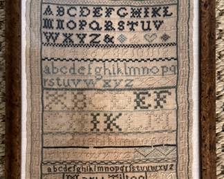 Antique Sampler By Mary Tilton Circa 1786. Silk on Linen. Measures 10 1/2" x 8 1/2". Signed & Dated.