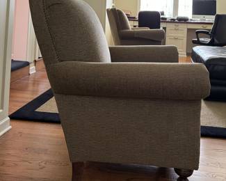 Pair of Plunkett Home Furnishings Tight Back Lounge Chairs with Nail Head Trim and Turned Wood Feet. Measures 40" W x 38" D x 38" H. Photo 2 of 5.