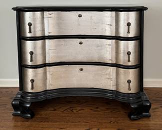 Lort Manufacturing Silver Leaf & Ebonized Wood Serpentine Front Chest of Drawers. Measures 42" W x 20.5" D x 35" H. Photo 1 of 5.